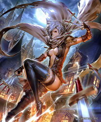 Rule 34 | 10s, 1girl, black footwear, black thighhighs, boots, breasts, brown eyes, brown gloves, building, cape, center opening, company name, dutch angle, eyepatch, fingerless gloves, full moon, gloves, granblue fantasy, highres, knife, light purple hair, medium breasts, moon, night, official art, okada manabi, outdoors, shadowverse, short hair, solo, tania (granblue fantasy), tanya (granblue fantasy), thigh boots, thigh strap, thighhighs, watermark, window
