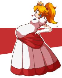 1girl absurdres arbrianarchy belly big_belly blonde_hair commentary dress elbow_gloves english_commentary fire_peach gloves highres mario_(series) navel nintendo outie_navel pregnant princess_peach side_ponytail stomach super_mario_3d_world white_gloves