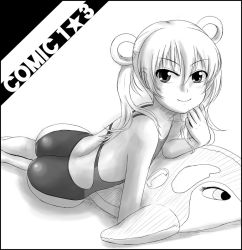 Rule 34 | 1girl, ass, competition swimsuit, dolphin, flat chest, greyscale, inflatable raft, long hair, lying, monochrome, on stomach, one-piece swimsuit, original, solo, swimsuit, tk4, twintails