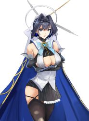 Rule 34 | 1girl, arms under breasts, bare shoulders, black gloves, black hair, black thighhighs, blue cape, blue eyes, blue hair, bow, bow earrings, bowtie, breasts, cape, cleavage cutout, clock hands, clothing cutout, cowboy shot, crossed arms, dark blue hair, detached sleeves, earrings, gloves, hair intakes, halo, head chain, highres, hololive, hololive english, jewelry, large breasts, mechanical halo, memory342, miniskirt, open mouth, ouro kronii, ouro kronii (1st costume), short hair, simple background, skindentation, skirt, solo, teeth, thighhighs, veil, virtual youtuber, white background