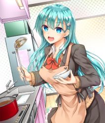 Rule 34 | 1girl, :d, akizuki akina, apron, aqua hair, blazer, blue eyes, blush, bow, bowl, bowtie, breasts, collared shirt, cooking, hair ornament, hairclip, holding, holding bowl, holding ladle, jacket, kantai collection, kitchen, ladle, large breasts, long hair, long sleeves, looking at viewer, open mouth, petticoat, pleated skirt, red bow, red bowtie, school uniform, shirt, skirt, smile, solo, suzuya (kancolle), vest