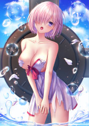 Rule 34 | 1girl, :o, bare shoulders, blue sky, blush, bow, breasts, bubble, cleavage, cloud, collarbone, commentary request, day, dress, dress swimsuit, fate/grand order, fate (series), hair over one eye, head tilt, highres, large breasts, mash kyrielight, mash kyrielight (swimsuit of perpetual summer), official alternate costume, open mouth, outdoors, pink hair, purple eyes, red bow, sky, solo, torn bow, torn clothes, torn dress, toshi (1-147), wading, water