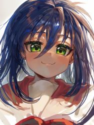 Rule 34 | 1girl, :3, absurdres, blue hair, blush, closed mouth, commentary, green eyes, hair between eyes, highres, izumi konata, jitome, long hair, looking at viewer, lucky star, milmir, neckerchief, portrait, red neckerchief, red sailor collar, sailor collar, school uniform, serafuku, shirt, simple background, solo, white background, white shirt