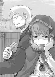 Rule 34 | 1boy, 1girl, annoyed, ayakura juu, bread, brown eyes, cape, craft lawrence, food, greyscale, head rest, holding, holo, hood, hooded, monochrome, novel illustration, official art, open mouth, outdoors, pouch, sitting, spice and wolf, sweatdrop, upper body