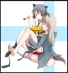 Rule 34 | 2girls, animal ears, ass, bad id, bad pixiv id, barefoot, between toes, black pantyhose, blood, cake, carrying, clothes pull, couple, eila ilmatar juutilainen, excessive nosebleed, feet, finnish flag, food, fruit, green eyes, grey hair, military, military uniform, multiple girls, necktie, no panties, nosebleed, pantyhose, pantyhose pull, princess carry, rosettastone, sanya v. litvyak, sitting, soles, strawberry, strike witches, tail, toes, uniform, white legwear, world witches series, yuri