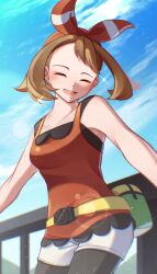Rule 34 | 1girl, :d, bare arms, bike shorts, bike shorts under shorts, blurry, blush, bow hairband, breasts, brown hair, closed eyes, cloud, collarbone, commentary request, creatures (company), day, eyelashes, from below, game freak, hairband, highres, may (pokemon), medium breasts, mocacoffee 1001, nintendo, open mouth, outdoors, pokemon, pokemon oras, shirt, shorts, signature, sky, sleeveless, sleeveless shirt, smile, solo, sparkle, white shorts