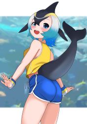 Rule 34 | 1girl, alternate costume, black hair, blonde hair, blowhole, blue eyes, blue hair, blue shorts, blush, casual, cetacean tail, commentary request, common dolphin (kemono friends), cowboy shot, dolphin girl, dolphin shorts, dorsal fin, drawstring, fins, fish tail, highres, illu (illu stratos), kemono friends, multicolored hair, shirt, short hair, short shorts, shorts, sleeveless, solo, tail, tank top, white hair, wristband, yellow shirt