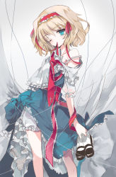 Rule 34 | 1girl, alice margatroid, bad id, bad pixiv id, bare shoulders, blonde hair, bloomers, blue dress, blue eyes, bra, capelet, cierra (ra-bit), clothes lift, dress, dress lift, hairband, lolita hairband, mouth hold, off shoulder, one eye closed, puffy short sleeves, puffy sleeves, puppet strings, ribbon, ribbon in mouth, sash, shoes, unworn shoes, short sleeves, solo, strap slip, touhou, underwear, white bra