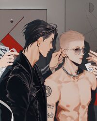 Rule 34 | 19 tian, 2boys, abs, black hair, blonde hair, body markings, chinese commentary, ear chain, earrings, grabbing another&#039;s ear, hand on another&#039;s ear, he tian, jewelry, looking at another, male focus, mo guan shan, multiple boys, muscular, muscular male, nipples, old xian, pectorals, profile, short hair, single earring, sunglasses, tattoo, topless male, upper body