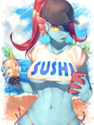 Rule 34 | 1girl, areola slip, baseball cap, beach, bikini, bikini bottom only, blue skin, blue sky, blurry, breasts, bubble tea, cellphone, clothes writing, colored sclera, colored skin, commentary request, cowboy shot, cropped shirt, cup, depth of field, disposable cup, eyepatch, fins, gills, hat, head fins, highres, holding, holding cup, holding phone, looking at viewer, monster girl, navel, outdoors, phone, ponytail, pugthe2ro, red hair, sand, sharp teeth, short sleeves, side-tie bikini bottom, sky, smartphone, solo, sweat, swimsuit, teeth, twitter username, underboob, undertale, undyne, water, yellow sclera, yellow teeth