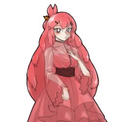 Rule 34 | 1girl, blush, brown eyes, dress, frown, hair ornament, hairclip, half updo, hand on own chest, huyusaki taiga, lobotomy corporation, long hair, looking at viewer, melting love, personification, pink hair, project moon, sash, see-through, see-through sleeves, solo, very long hair