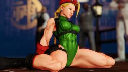 Rule 34 | 1girl, 3d, absurdres, antenna hair, arm support, bare shoulders, blonde hair, blue eyes, braid, breasts, cammy white, covered navel, curvy, full body, gloves, green leotard, hat, highleg, highleg leotard, highres, kneeling, legs apart, leotard, lips, long hair, looking away, medium breasts, red gloves, red hat, ryona, screencap, shiny clothes, sitting, solo, spread legs, standing, street fighter, street fighter v, thighs, third-party edit, thong leotard, twin braids, very long hair, wide hips