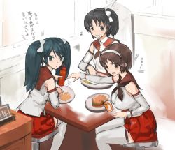 Rule 34 | 10s, 3girls, black hair, blue eyes, blue hair, breasts, brown eyes, brown hair, commentary request, cup, detached sleeves, drinking glass, eating, food, fork, french fries, hair ribbon, hairband, burger, isuzu (kancolle), japanese clothes, kantai collection, kuuro kuro, large breasts, long hair, multiple girls, nagara (kancolle), natori (kancolle), open mouth, plate, pleated skirt, ribbon, school uniform, serafuku, short hair, side ponytail, sitting, skirt, translation request, twintails