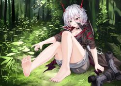 Rule 34 | 1girl, absurdres, aqua eyes, barefoot, blush, breasts, cleavage, feet, forest, grey hair, heterochromia, highres, long hair, looking at viewer, medium breasts, nature, open mouth, pink eyes, shoes, unworn shoes, soles, solo, toeless footwear, toes