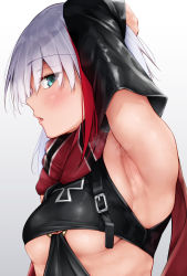 Rule 34 | 1girl, admiral graf spee (azur lane), arm behind head, armpits, arms behind head, arms up, azur lane, black dress, blue eyes, blush, breasts, clothing cutout, dress, highres, looking at viewer, medium breasts, multicolored hair, open mouth, oriue wato, red scarf, scarf, short hair, solo, streaked hair, underboob cutout, white hair