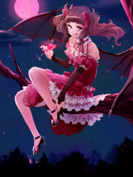 Rule 34 | 1girl, alcohol, bad id, bad pixiv id, bat wings, branch, brown hair, detached sleeves, dress, dripping, fang, fangs, female focus, full moon, glass, hair ribbon, licking lips, long hair, looking at viewer, moon, nail polish, night, original, red eyes, red moon, ribbon, shoes, sitting, smile, solo, tongue, tongue out, tree, twintails, vampire, wine, wings, yuura