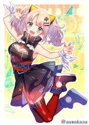 Rule 34 | 1girl, :d, bare shoulders, black dress, blue eyes, blush, boots, breasts, claw pose, cleavage, cleavage cutout, clothing cutout, dress, hair ornament, hairclip, high collar, jumping, kaguya luna, looking at viewer, medium breasts, obi, open mouth, petticoat, red legwear, ribbon, ryuuki (hydrangea), sash, side slit, silver hair, sleeveless, sleeveless dress, smile, solo, the moon studio, twintails, twitter username, virtual youtuber, wrist ribbon, x hair ornament