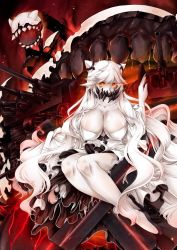 Rule 34 | 10s, 1girl, abyssal ship, black footwear, breasts, cleavage, collarbone, covered mouth, dress, full body, glowing, glowing eyes, horns, huge breasts, kantai collection, long hair, long sleeves, looking at viewer, midway princess, monster, pale skin, red eyes, shoes, sitting, solo, teeth, thorns, tsukineko, turret, very long hair, white dress, white hair