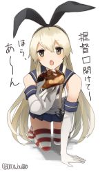 Rule 34 | 1girl, all fours, anchor hair ornament, bare shoulders, black hairband, black ribbon, blonde hair, blue sailor collar, blue skirt, blush, brown eyes, elbow gloves, food, foreshortening, full body, gloves, hair ornament, hair ribbon, hairband, holding, holding food, incoming food, kantai collection, long hair, looking at viewer, miniskirt, pleated skirt, ribbon, sailor collar, shimakaze (kancolle), shirt, simple background, skirt, sleeveless, sleeveless shirt, solo, straight hair, striped clothes, striped thighhighs, thighhighs, translation request, twitter username, very long hair, white background, white gloves, white shirt, yamashichi (mtseven), zettai ryouiki