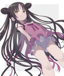 Rule 34 | 1girl, aged down, arms behind back, babydoll, bare arms, bare shoulders, black hair, blush, breasts, brown eyes, closed mouth, commentary request, cone hair bun, double bun, dutch angle, facial mark, fate/grand order, fate (series), forehead mark, gluteal fold, grey background, hair bun, highres, long hair, one-piece swimsuit, parted bangs, pink babydoll, pink one-piece swimsuit, sessyoin kiara, sessyoin kiara (lily), sessyoin kiara (swimsuit mooncancer), small breasts, smile, solo, swimsuit, totatokeke, two-tone background, very long hair, white background, white one-piece swimsuit