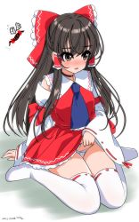 Rule 34 | 1girl, artist name, ascot, black eyes, black hair, blue ascot, blush, bow, clothes lift, dated, detached sleeves, flying sweatdrops, gap (touhou), hair bow, hair tubes, hakurei reimu, highres, lifting own clothes, long hair, long sleeves, looking at viewer, panties, red bow, red ribbon, red skirt, ribbon, ribbon-trimmed legwear, ribbon-trimmed sleeves, ribbon trim, sidelocks, sitting, skirt, skirt lift, solo, thighhighs, touhou, underwear, v-shaped eyebrows, wariza, white background, white panties, white thighhighs, wide sleeves, yamaguchi yuu
