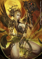 Rule 34 | 1girl, artist name, blonde hair, braid, breasts, center opening, cleavage, copyright notice, dress, eyelashes, eyeshadow, feathered wings, feathers, full moon, grey eyes, headwear request, high collar, holding, holding staff, holding weapon, kneeling, lipstick, looking at viewer, makeup, mascara, medium breasts, moon, nose, original, parted lips, pink lips, short sleeves, showgirl skirt, side braid, solo, sonacia, spread wings, staff, swept bangs, weapon, wings