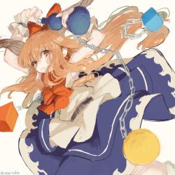 Rule 34 | 1girl, arms up, blue skirt, bow, bowtie, canariadraw, chain, closed mouth, commentary request, cuffs, feet out of frame, floating hair, frills, hair between eyes, hair bow, highres, holding gourd, horns, ibuki suika, light smile, long hair, oni horns, orange eyes, orange hair, red bow, red bowtie, shackles, shirt, simple background, skirt, solo, touhou, very long hair, white background, white shirt