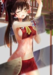 Rule 34 | 1girl, ;o, armpits, bad id, bad pixiv id, breasts, brown hair, hakurei reimu, highres, long hair, looking at viewer, medium breasts, navel, nekodayo22, one eye closed, open mouth, sideboob, solo, suggestive fluid, touhou, wet, wet clothes, x-ray, yellow eyes