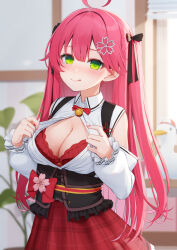 Rule 34 | 1girl, ahoge, black corset, bow, bow bra, bra, breasts, cleavage, collared shirt, commentary, commentary request, corset, english commentary, green eyes, highres, hololive, large breasts, long hair, looking at viewer, mixed-language commentary, nyan (reinyan 007), official alternate costume, pink bra, pink hair, pink skirt, plaid, plaid skirt, red bra, red skirt, sakura miko, sakura miko (casual), shirt, skirt, smile, solo, subaru duck, thighs, tongue, tongue out, underwear, virtual youtuber, white shirt, white sleeves