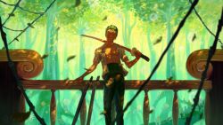 Rule 34 | 1boy, absurdres, against railing, artist name, blurry, blurry foreground, contrapposto, dappled sunlight, earrings, feet out of frame, green background, green hair, grin, haramaki, head tilt, highres, holding, holding sword, holding weapon, inktober, jewelry, katana, looking at viewer, male focus, nose, official alternate costume, one piece, open clothes, open shirt, pants, pectorals, railing, razel v0, roronoa zoro, scenery, ship, shirt, short hair, sleeves rolled up, smile, solo, standing, striped clothes, striped shirt, sunlight, sword, toned, toned male, tree, v-shaped eyebrows, very short hair, watercraft, watermark, weapon, yellow background