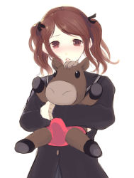 Rule 34 | 1girl, amagami, bad id, bad pixiv id, brown eyes, brown hair, bulge, erection, erection under clothes, horse, kimura daisuke, looking at viewer, nakata sae, penis, simple background, solo, stuffed animal, stuffed horse, stuffed toy, tears, twintails, white background