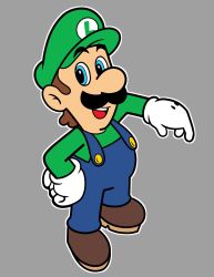 Rule 34 | 1boy, blue eyes, brown hair, gloves, grin, hat, looking at viewer, luigi, mario (series), nintendo, open mouth, overalls, smile, standing