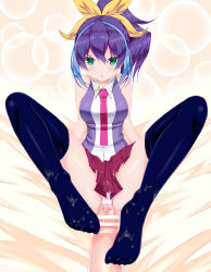 Rule 34 | 1boy, 1girl, bad id, bad pixiv id, bare shoulders, black thighhighs, blue hair, blush, breasts, calcio, clothed female nude male, cosplay, cum, cum on body, cum on feet, ejaculation, footjob, green eyes, hair between eyes, highres, hiiragi yuzu, hiiragi yuzu (cosplay), light blue hair, looking at viewer, medium breasts, multicolored hair, nude, penis, ponytail, purple hair, pussy, red skirt, serena (yu-gi-oh!), skirt, streaked hair, thighhighs, yu-gi-oh!, yu-gi-oh! arc-v