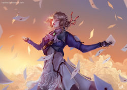 Rule 34 | 10s, 1girl, blonde hair, blue jacket, braid, brooch, cloud, commentary, deviantart username, envelope, closed eyes, flying paper, hair between eyes, hair ribbon, jacket, jewelry, letter, mechanical arms, mechanical hands, outdoors, outstretched arms, paper, prosthesis, prosthetic arm, prosthetic hand, raphire, realistic, red lips, red ribbon, ribbon, signature, single mechanical hand, skirt, solo, sunset, violet evergarden, violet evergarden (series), white neckwear, white skirt