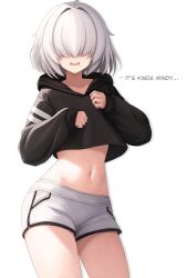 Rule 34 | 1girl, arc 9 (mikoscrub), black hoodie, collarbone, covered eyes, cowboy shot, cropped hoodie, english text, hair ornament, hair over eyes, highres, hood, hoodie, mikoscrub, navel, open mouth, original, short hair, shorts, simple background, sleeves past wrists, solo, stomach, white background, white hair, white shorts