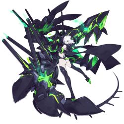 Rule 34 | 1girl, ass, bare shoulders, black thighhighs, cannon, claws, enemy bismarck (warship girls r), full body, gauntlets, glowing, green eyes, hair over one eye, high heels, horns, leaning back, legs apart, looking at viewer, looking back, ns (ntrsis), official art, outstretched arm, pale skin, reaching, see-through, single gauntlet, smile, solo, spikes, standing, tail, thighhighs, transparent background, warship girls r, white hair