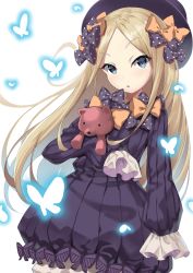 Rule 34 | 1girl, abigail williams (fate), akae neo, black bow, black dress, black hat, blonde hair, bloomers, blue eyes, blush, bow, bug, butterfly, chestnut mouth, commentary request, dress, fate/grand order, fate (series), hair bow, hands in opposite sleeves, hat, head tilt, highres, hugging object, insect, long hair, long sleeves, looking at viewer, orange bow, parted bangs, parted lips, polka dot, polka dot bow, simple background, solo, stuffed animal, stuffed toy, teddy bear, underwear, v-shaped eyebrows, very long hair, white background, white bloomers