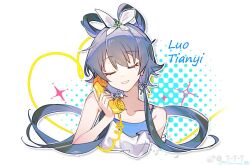 Rule 34 | 1girl, bare arms, bare shoulders, camisole, character name, closed eyes, corded phone, grey hair, hair rings, halftone, halftone background, highres, holding, holding phone, long hair, low ponytail, luo tianyi, open mouth, phone, smile, solo, sparkle, straight-on, titaniumtai, upper body, vocaloid, vsinger (vocaloid), weibo logo, weibo watermark, white background, white camisole