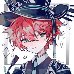 Rule 34 | 1boy, artist name, blue necktie, closed mouth, collared shirt, expressionless, facing viewer, green eyes, hat, highres, kay1205177934, looking to the side, male focus, necktie, original, red hair, shirt, short hair, solo, top hat, white background