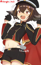 Rule 34 | 1girl, azur lane, belt, black belt, black cape, black gloves, black hat, black jacket, black shorts, blush, brown hair, cape, commentary request, cowboy shot, crop top, crossed bangs, gloves, gold trim, groin, hair between eyes, hair ears, half gloves, hat, highres, jacket, long sleeves, midriff, military hat, mole, mole under eye, multicolored hair, navel, nose blush, oite (azur lane), open mouth, orange hair, poking belly, red cape, red eyes, sakuramon, shanghai kani, short hair, short shorts, shorts, sidelocks, simple background, solo, standing, streaked hair, trembling, twitter username, two-tone cape, two-tone hair, w arms, white background