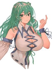 Rule 34 | 1girl, adapted costume, asymmetrical clothes, asymmetrical sleeves, bare shoulders, blush, breasts, cleavage, cleavage cutout, closed mouth, clothing cutout, commentary, cropped torso, detached sleeves, english commentary, frog hair ornament, green eyes, green hair, hair between eyes, hair ornament, highres, huge breasts, japanese clothes, kochiya sanae, large breasts, long hair, looking at viewer, mole, mole on breast, nontraditional miko, simple background, smile, snake hair ornament, solo, tomatolover16, touhou, upper body, white background, white sleeves