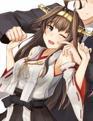 Rule 34 | 10s, 1boy, 1girl, admiral (kancolle), bad id, bad pixiv id, bare shoulders, brown hair, detached sleeves, double bun, formal, from behind, grey eyes, hairband, headgear, highres, japanese clothes, kantai collection, kongou (kancolle), military, military uniform, naval uniform, nontraditional miko, pallad, ribbon-trimmed sleeves, ribbon trim, shirt, skirt, suit, uniform