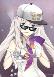 Rule 34 | 1girl, artist name, bad id, bad tumblr id, blue eyes, chain, cigarette, commentary, deal with it (meme), dollar sign, english text, fate/grand order, fate (series), gift card, gloves, gold chain, hat, itunes, jewelry, kaetzchen, long hair, looking at viewer, looking over eyewear, looking over glasses, marie antoinette (fate), marie antoinette (third ascension) (fate), meme, mouth hold, necklace, open mouth, peaked cap, pixelated, saint quartz (fate), sleeveless, smoking, solo, sparkle, sunglasses, tinted eyewear, twintails, upper body, white gloves, white hair