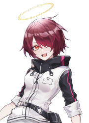 Rule 34 | 1girl, arknights, belt, black belt, breasts, chinese commentary, commentary request, exusiai (arknights), hair over one eye, halo, highres, jacket, looking at viewer, open mouth, orange eyes, red hair, short hair, simple background, smile, solo, white background, white jacket, yusa (yusa0751)