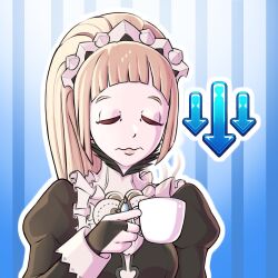 Rule 34 | 1girl, absurdres, arched bangs, arrow (symbol), bridal gauntlets, closed eyes, closed mouth, commentary, cup, el pan frances, english commentary, felicia (fire emblem), fire emblem, fire emblem fates, gameplay mechanics, highres, holding, holding cup, long hair, maid, maid headdress, nintendo, pink hair, puffy sleeves, solo, steam, teacup, upper body, wavy mouth