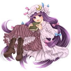 Rule 34 | 1girl, book, boots, crescent, female focus, full body, hat, highres, long hair, patchouli knowledge, purple eyes, purple hair, shiratama (mofutto), solo, touhou, transparent background
