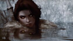 Rule 34 | 1girl, 3d, brown hair, freckles, glowing, glowing eyes, highres, looking at viewer, original, partially submerged, reflection, reflective water, solo, vipermini141, water, yellow eyes