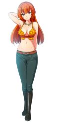 Rule 34 | 1girl, absurdres, belt, boots, breasts, brown eyes, closed mouth, crop top, denim, highres, jeans, joy (shenmue), kayama kenji, long hair, looking at viewer, midriff, navel, orange hair, pants, shenmue, shenmue ii, simple background, smile, solo, white background