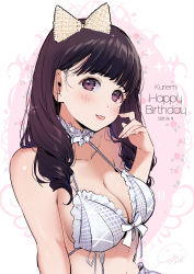 Rule 34 | 1girl, :p, absurdres, bikini, blush, bow, breasts, brown hair, character name, cleavage, dated, drill hair, english text, fingernails, geshumaro, hair bow, halterneck, hand up, happy birthday, highres, kuriemi, large breasts, looking at viewer, mole, mole under eye, pink background, real life, solo, swimsuit, tongue, tongue out, upper body, white bikini, yellow bow