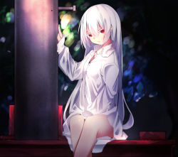 Rule 34 | 1girl, bare legs, blurry, blurry background, bokeh, buttons, collared shirt, colored eyelashes, dark background, depth of field, dress shirt, light, long hair, looking at viewer, original, otokuyou, oversized clothes, oversized shirt, pole, red eyes, scowl, shiroi ko (haegiwa), shiroi ko (otokuyou), shirt, sitting, solo, colored eyelashes, white hair, white shirt